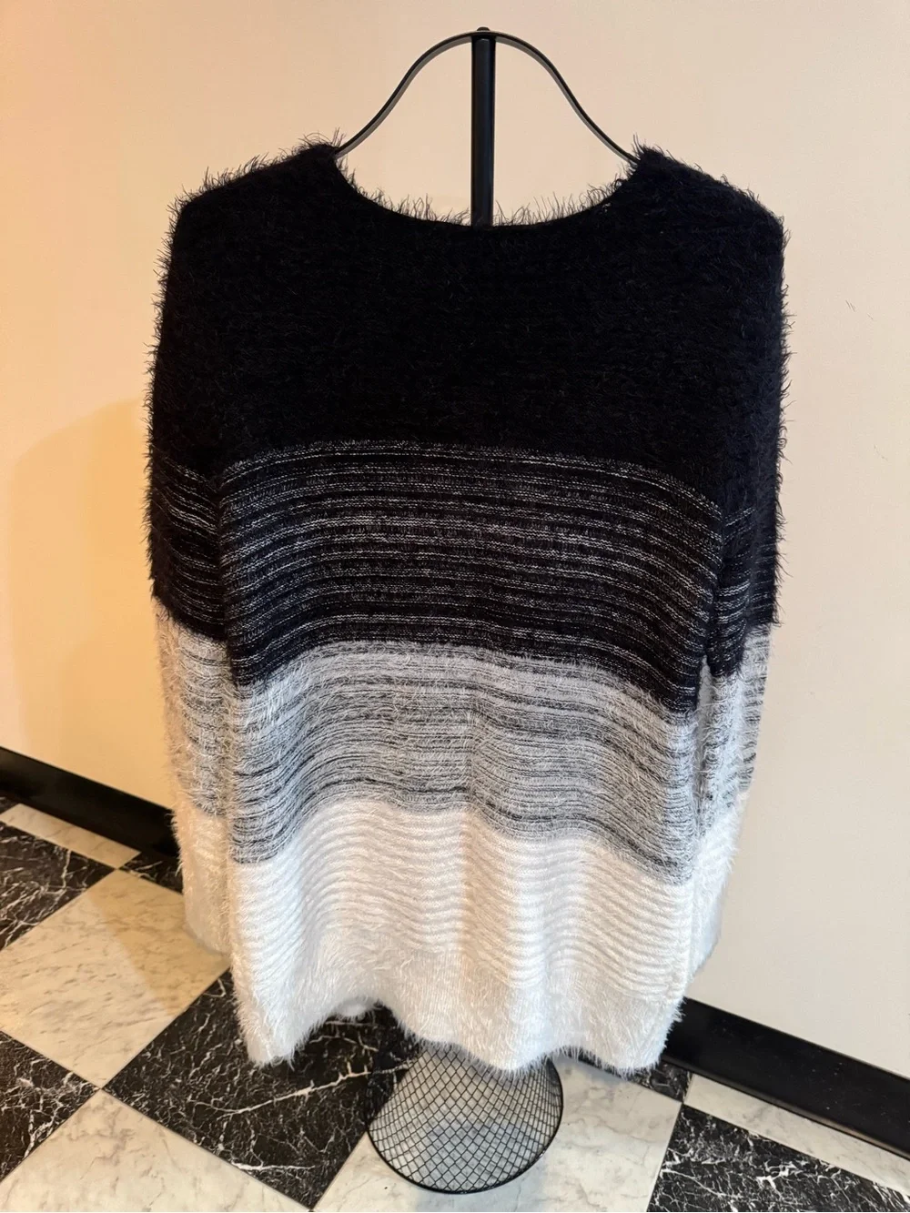 Baciano L Eyelash Knit Duster Cardigan Sweater Ombre Black Gray White Fuzzy Cozy